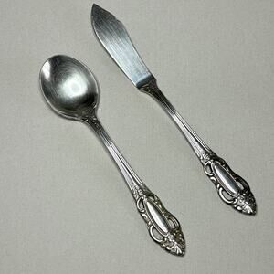 United Silver Co Artistic Rose Butter Knife and Sugar Spoon Stainless Flatware